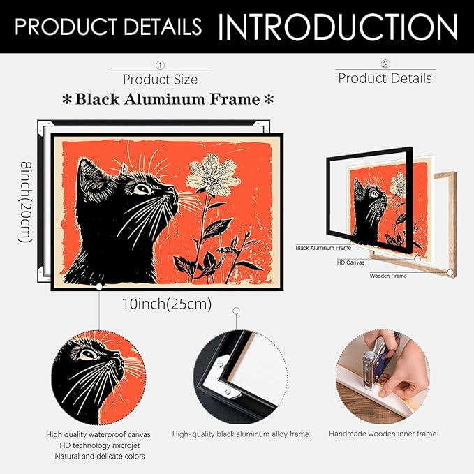 Black Cat Posters Vintage Animal Botanical Wall Art Cute Cat Sniffing Flower Canvas Painting Gift For Cat Lover 08x10 inch Black Framed Living Room Gallery Wall Decor