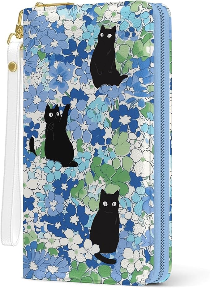 Womens Wallet, Black Cats Wristlet Wallet For Women, Blue Flowers Credit Card Holder Purse With Zipper, Birthday Christmas Graduation Gifts For Women Mom, Travel Office Daily Purse