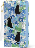 Womens Wallet, Black Cats Wristlet Wallet For Women, Blue Flowers Credit Card Holder Purse With Zipper, Birthday Christmas Graduation Gifts For Women Mom, Travel Office Daily Purse