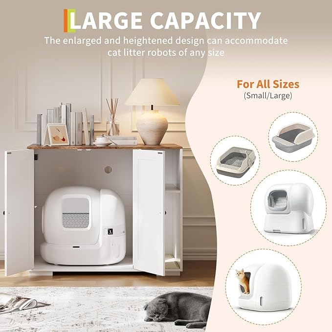 Litter Box Enclosure Cabinet, Built-in Power Outlet & 5 Ft Cord, Cat Litter Furniture with Dog-Proof Shelf and Mat, Fits Most Self-Cleaning Litter Boxes, White