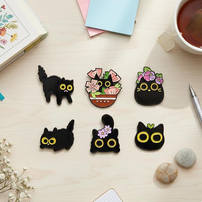 6Pcs Cat Pin Set, Cat Brooch, Black Cats Pin, Cute Pins for Jackets and Backpacks, Black Cats Gifts for Lovers, Ideal for Themed Accessories and Gifting