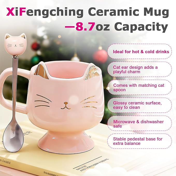 Christmas Mugs High-Footed Ceramic Cat Mug – 13.5oz Unique Coffee Cup with kitty Expression Design, Fun Gift for Women, Girls, Kids, Cat Lovers (pink)