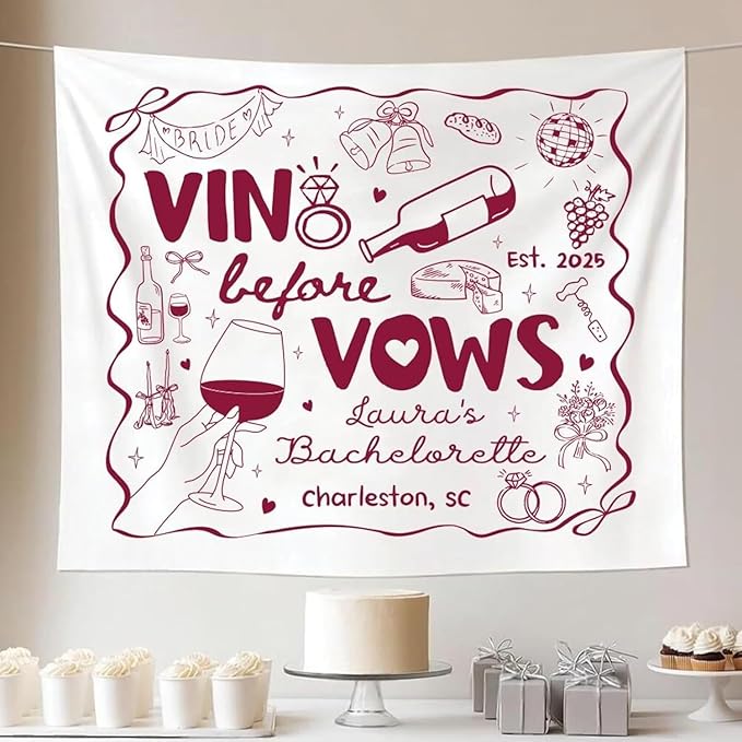 PHHUY Vino Before Vows Bridal Shower Tapestry Wine Themed Wall Hanging for Bachelorette Party Romantic Vineyard Decor Pre Wedding Celebration Backdrop Elegant Wine Night Banner for Bride to Be