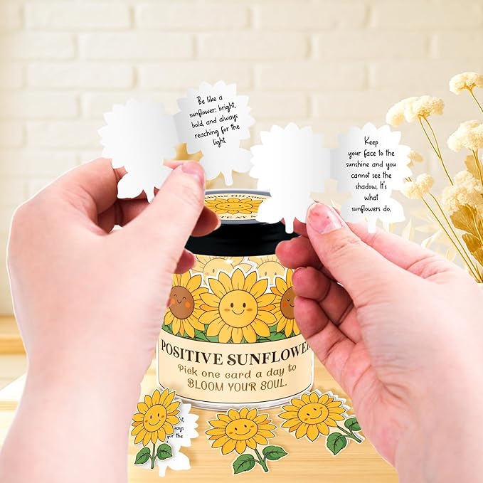 DEARMINE Positive Sunflower Jar with 60 Daily Affirmation Cards, Emotional Support Gift, Sunflower Gifts for Women, Birthday or Get Well Gifts