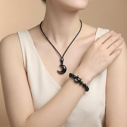 Black Obsidian Cat Bracelet and Moon Pendant Necklace Jewelry Set-Cat Lover Gifts,Wealth Attraction,Good Luck,Bead Bracelet,Mindfulness,Beaded Bracelets, Obsidian Pendant Necklace-Cute Gifts for Women