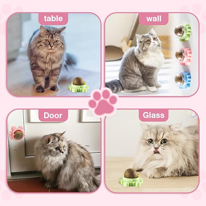 360° 4 Pack Catnip Ball for Cats Wall Mounted with Licking Roller and Spinning Motion - Interactive Treat Toy for Indoor Cats, Promotes Teeth Cleaning, Anxiety Relief and Active Play