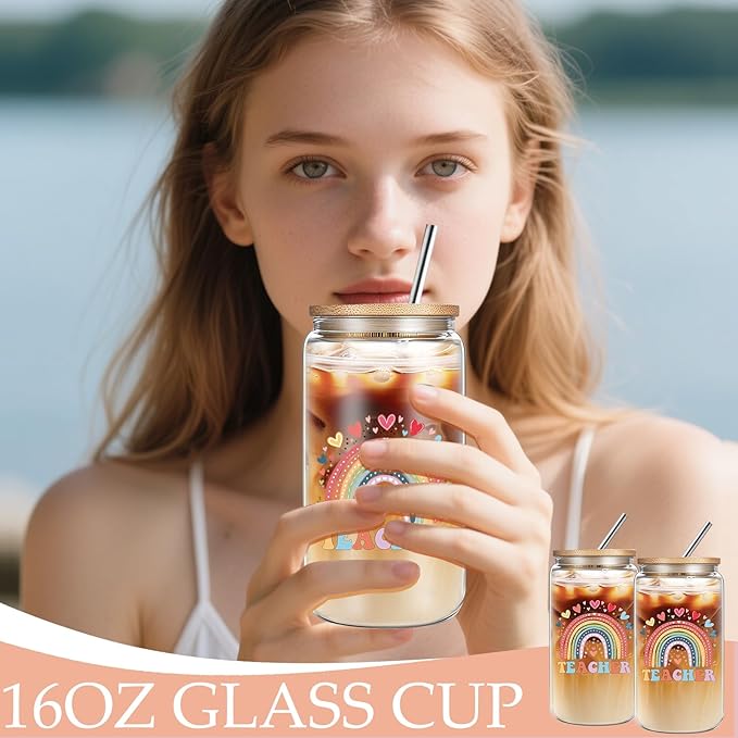 Teacher Birthday Gifts for Women, Teacher Appreciation Gifts, Thank You Christmas Retirement Gifts Set with 16 oz Glass Cup Necklace