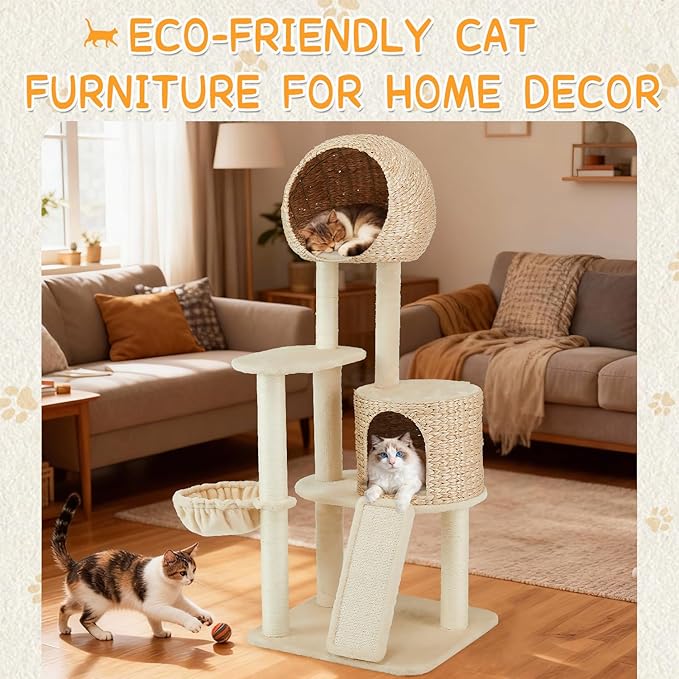 Rattan Cat Tree,60.2'' Tall Modern Cat Tree Tower with Scratching Post for Indoor Cats Large Adult,Luxury Multi Level Cattail Cat Condo with Big House,Hammock,Scratcher Board for Multiple Cats