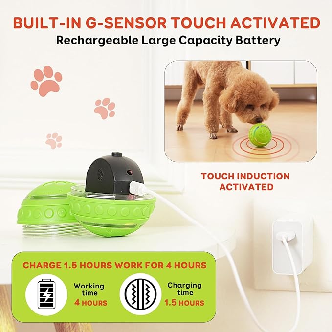 Interactive Dog Toys Ball for Small & Medium Dogs, Durable Chew Toy for Aggressive Chewers, Automatic Rolling Dog Balls with Silicone Cover(Diameter 3.15 inches)