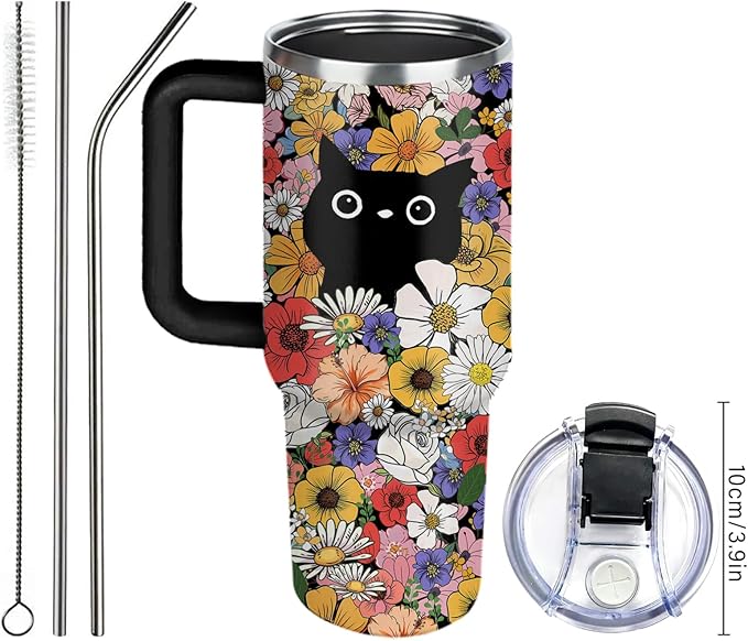 Cat Lover Gifts, Flower Bushes and Black Cats Tumbler 40Oz, Christmas Birthday Gift for Cats Lovers Women Cup Vintage Flowers Aesthetic Cute Cat Themed Stuff Funny Coffee Cup
