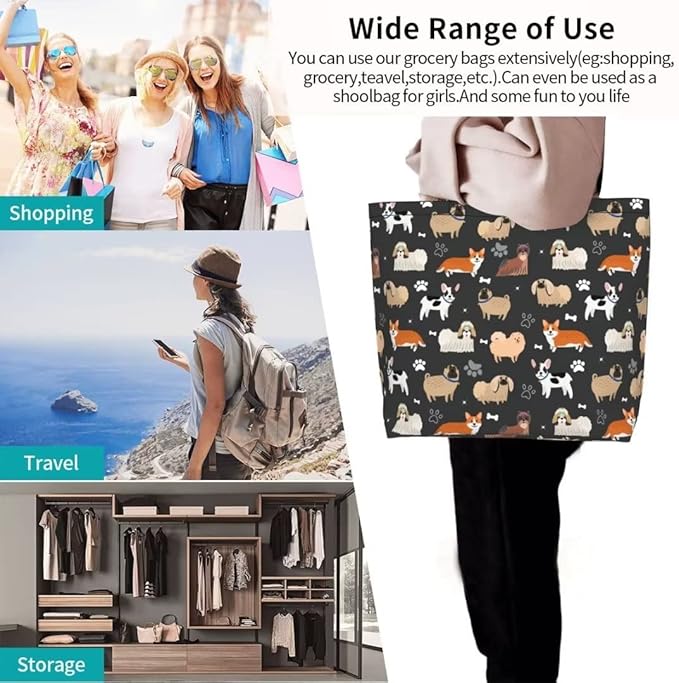 Funny Dog Theme Tote Bag for Women, Cute Paw Bone Print Shoulder Reusable Beach Shopping Handbags Casual Travel Gifts for Dog Lovers Mother Teacher -Large