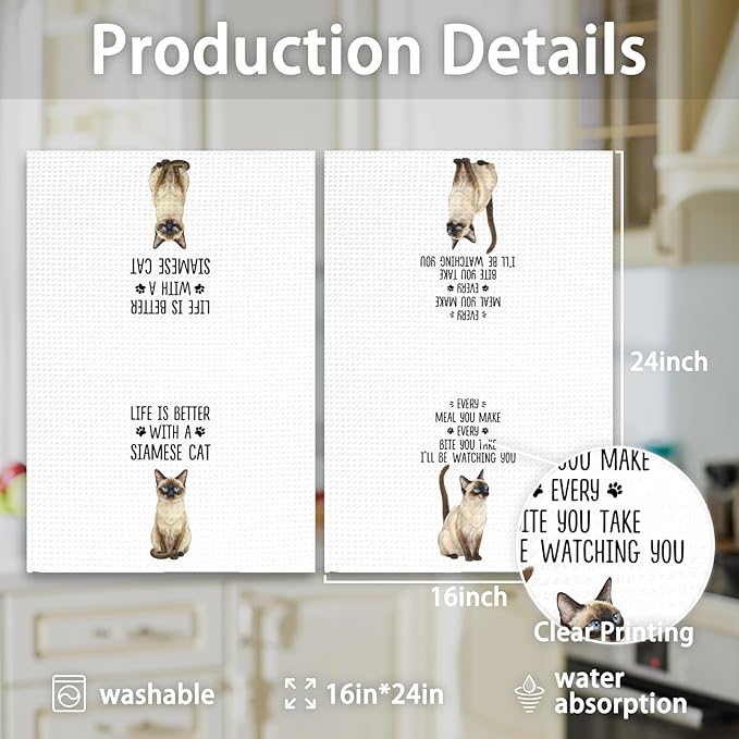 Gifts for Siamese Cat Lovers Kitchen Towels Set of 2, SiameseCat Gifts Hand Towels, Life is Better with a Siamese Cat Dish Towel Tea Towel for Kitchen, Cat Kitty Owners Kitchen Decor, 16x24In