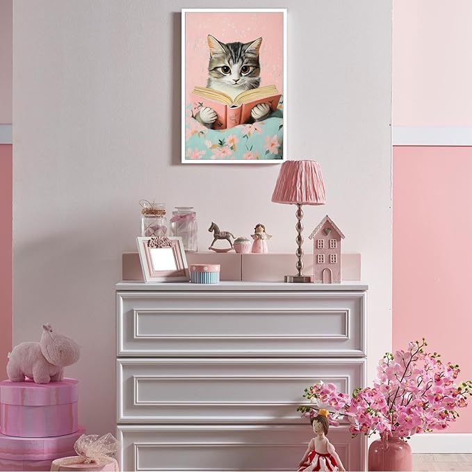 Vintage Cat In Bed Canvas Wall Art Funny Cute Cats Reading Books Poster Retro Pink Girls Room Pet Animal Aesthetic Prints Painting For Home Bedroom Kids Room Dorm Wall Decor 24x36in Unframed