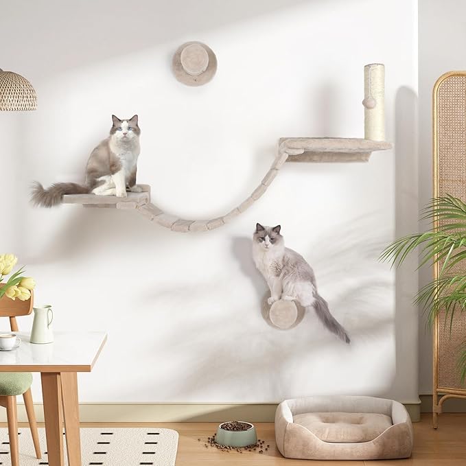 Cat Wall Shelves - 7 Pcs Luxury Wall-Mounted Cat Furniture Set, Including 2 Shelves, 2 Solid Wood Steps, 1 Bridge Ladder, 1 Sisal Scratcher Post, 1 Hanging Ball for Large Cats