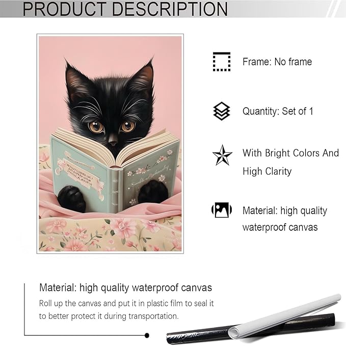 Vintage Cat Canvas Wall Art Funny Cute Cats Reading Books Poster Retro Pink Flower Abstract Animal Aesthetic Prints Painting For Girls Room Bedroom Kids Room Dorm Wall Decor 8x12in Unframed