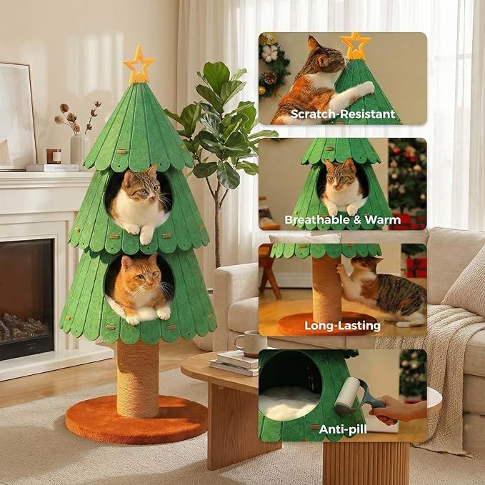 MUTTROS 42.9 Inch Cat Tree for Indoor Cats, Cute Cat Tower with 2 Cozy Houses, Holiday Kitty Climbing Furniture for Kittens to Play and Sleep