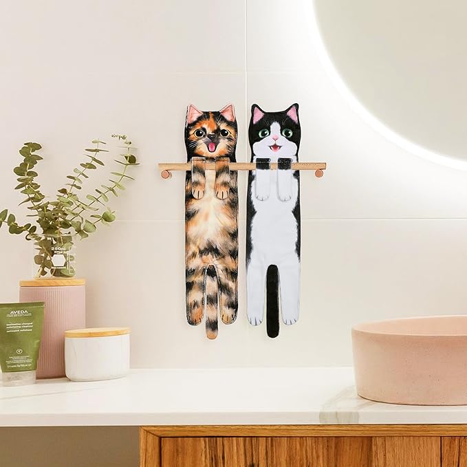 Funny Hand Towels for Bathroom Kitchen Decor - Cute Cat Hanging Hand Towel Kitchen Gadgets - Unique Housewarming Birthday Christmas Cat Lover Gift Ideas for Women Mom Lady Adults