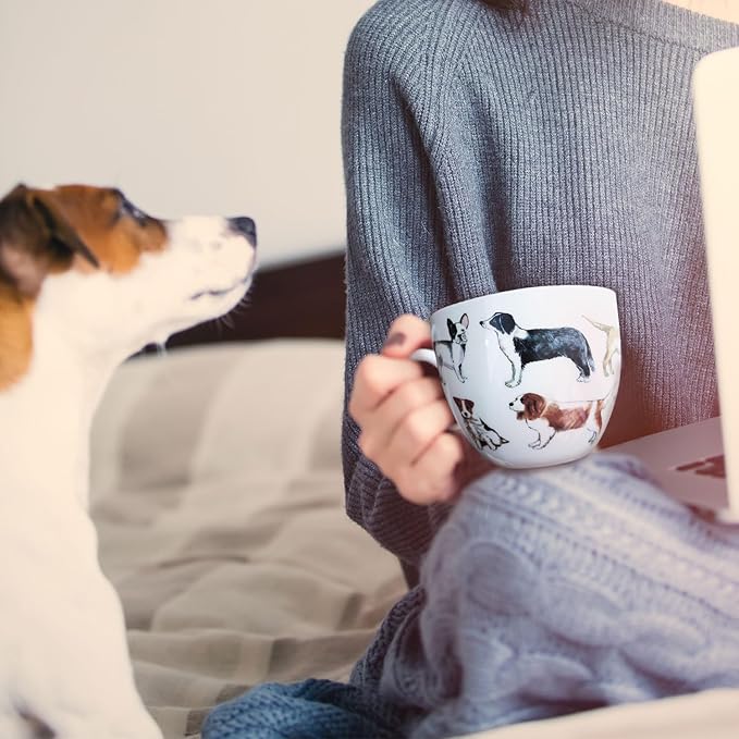 Cute Dog Mugs for Daily Coffee and Tea, Premium 20 oz Bone China Coffee Tea Hug Mug, Perfect Holiday, Birthday, and Christmas Gift for Dog Lovers, Designed in England by Harvest Green Studio
