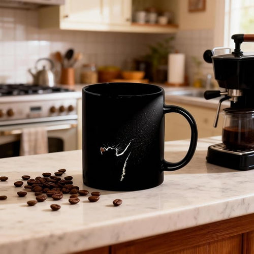Black Cat Coffee Mug – 11oz Black Ceramic Mug with Artistic Light Silhouette Design, Minimalist Aesthetic Cat Lover Gift for Home Office, Tea & Coffee Cup