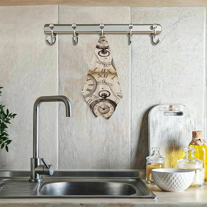 Ancient Pocket Watch Kitchen Towels, Retro Clock Decorative Absorbent Microfiber Dish Cloth Tea Towel, Waffle Soft Hand Towels for Farmhouse Home Bathroom Decor, Housewarming Gifts