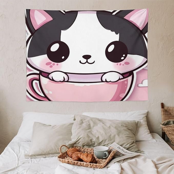 Tapestry Kawaii Cat Wall Art Tapestry for Bedroom Aesthetic Cute Kitten Cat Meow Wall Tapestries Wall Art Home Decoration Landscape 30"x40" Wall Hanging for Home Decor Bedroom Living Room Dorm Decor