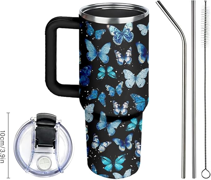 Butterfly Tumbler 40oz with Handle - Blue Butterfly Gifts for Women, Insulated Stainless Steel Water Bottle with Straw, Cute Travel Coffee Mug Cup for Mom Her Birthday Christmas