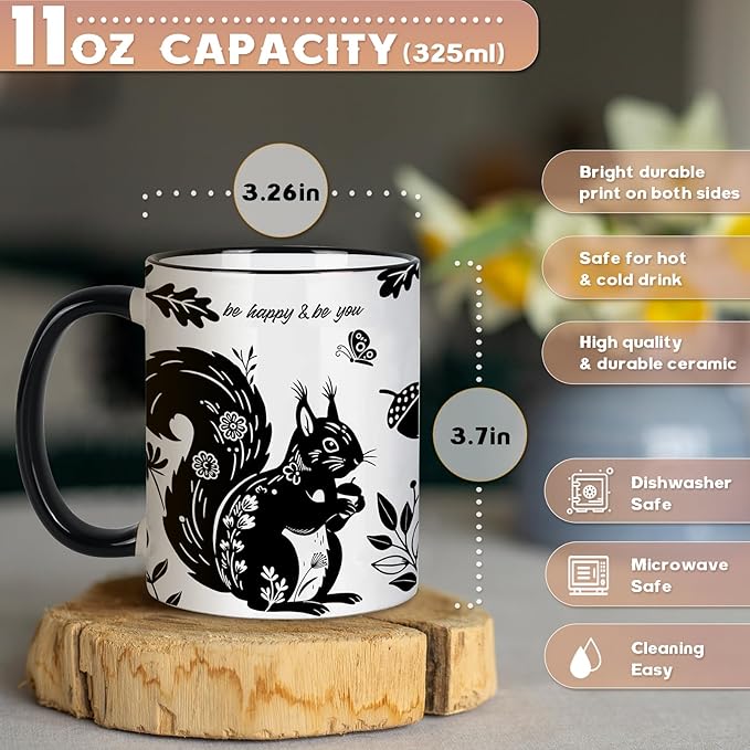 Squirrel Mug 11Oz Mothers Day Birthday Gifts for Women,Squirrel Gifts for Women, Black and White Boho Mug, Holiday Birthday Gift for Animal Lovers Ceramic Coffee Cup Microwave & Dishwasher Safe
