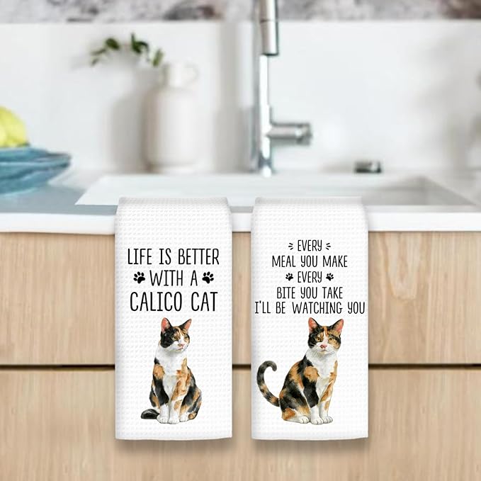 Calico Cat Gifts Kitchen Towels Set of 2, Gifts for CalicoCat Lovers Hand Towels, Life is Better with a Calico Cat Dish Towel Tea Towel for Kitchen, Cat Kitty Owners Kitchen Decor, 16x24In