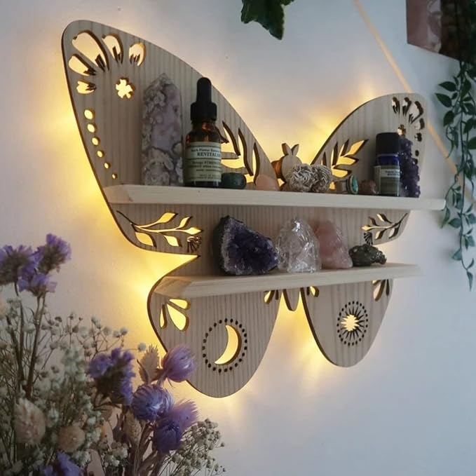 Crystal Display Shelf Wall Moon Shelves Luna Moth Hamsa Hand Holder Floating Wall Mounted Decorative Crystal Shelf (Wooden Butterfly-38.5 * 28cm/15 * 11inch)