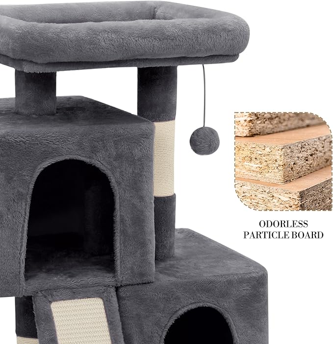 Athena Collection Small Cat Tree, Modern 34 Inch Cute Cat Tree Tower with Scratching Post 2 Condo Activity Platform and Playing Ball for Indoor, Dark Grey