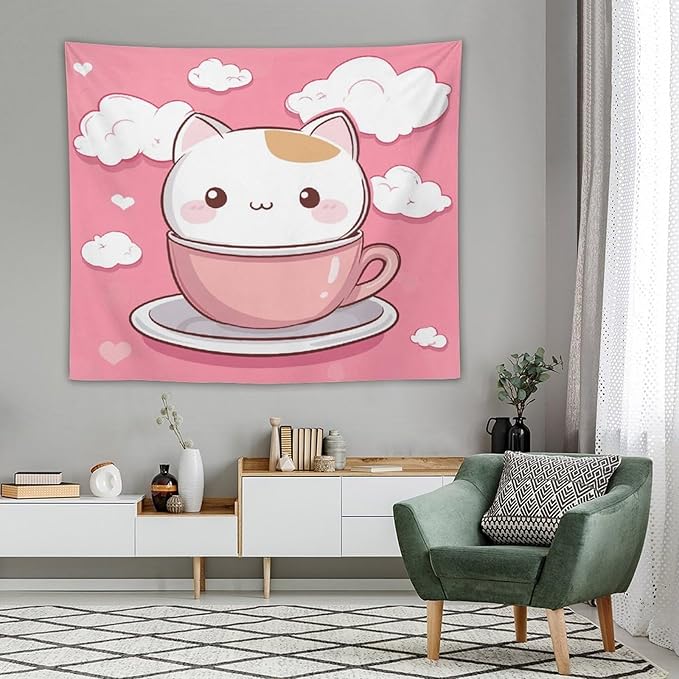 MaSiledy Kawaii Cat Wall Tapestries Cat Pet Lover Tapestry Vintage Aesthetic Tapestries Landscape Tapestry Home Decor for Room 50"x60" Wall Hanging for Home Decor Bedroom Living Room Dorm Decor
