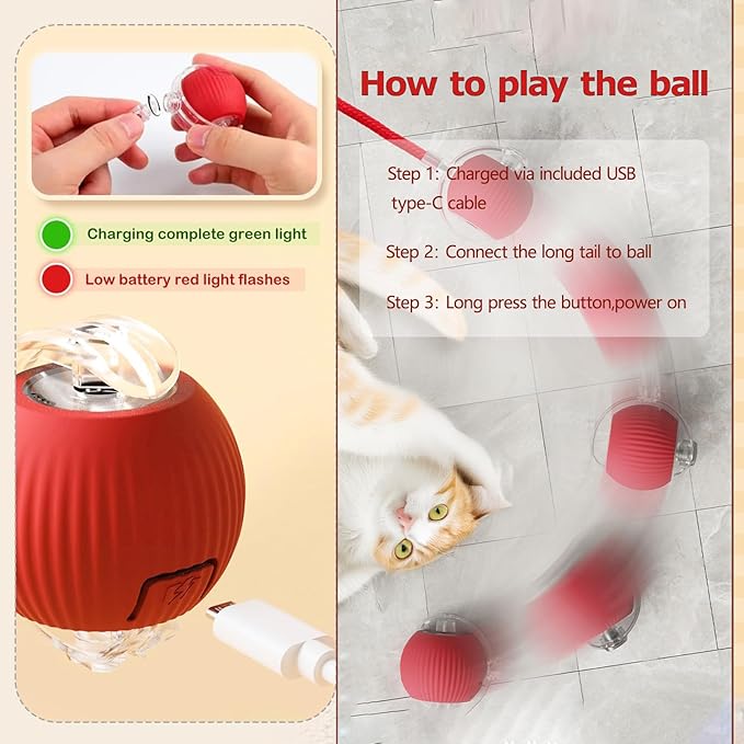Interactive Rolling Cat Dog Ball - 2025 Upgraded Automatic Moving Cat Toys Ball Dog Toy Interactive,Smart Rolling Ball Toy Electric Balls Toys for Bored Indoor Dog/Cat (Red)
