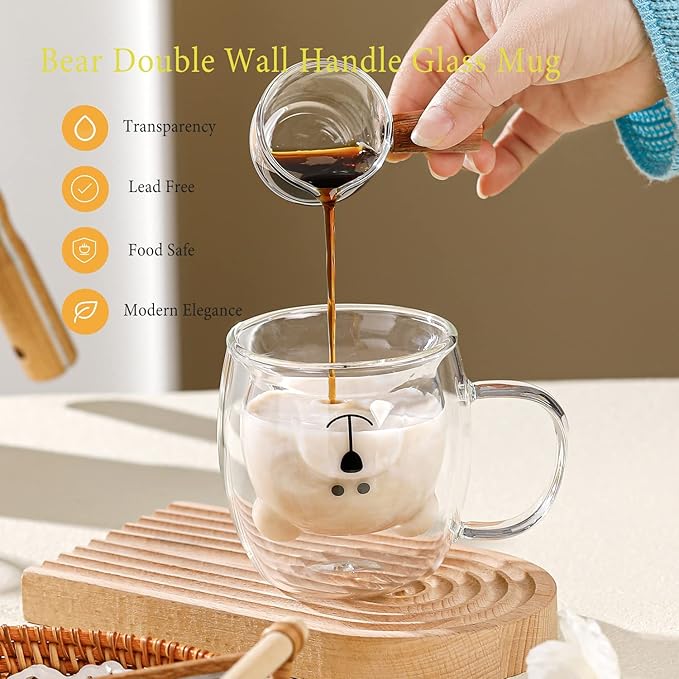Binoster Bear Cute Mugs Kawaii Double Wall Glass Coffee Tea Mill Yogurt Cup Funny Novelty Gift for Women Her Friends Office Birthday Christmas (Bear with handle)