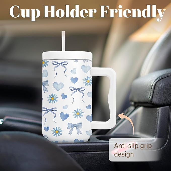 Bow Tumbler With Handle 40 Oz, Blue Bow Insulated Tumbler For Women, Christmas Gifts For Women Girls Mom Wife Friends, Blue And White Christmas Insulated Cup