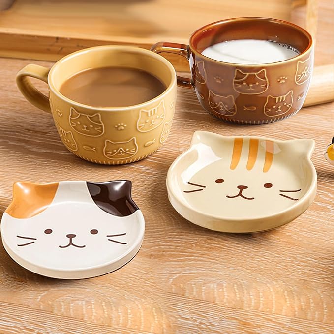BigNoseDeer 2PCS Cute Mug Kawaii Cat Tea Cup Ceramic Coffee Mug with Lid,Tea Cups and Saucers for Dessert Cute Gifts Cat Lover Gift for Women Anime Christmas Gifts for Women 10oz (Yellow+Brown)