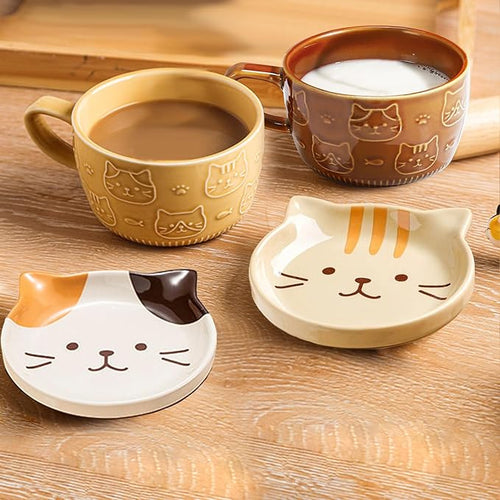 BigNoseDeer 2PCS Cute Mug Kawaii Cat Tea Cup Ceramic Coffee Mug with Lid,Tea Cups and Saucers for Dessert Cute Gifts Cat Lover Gift for Women Anime Christmas Gifts for Women 10oz (Yellow+Brown)