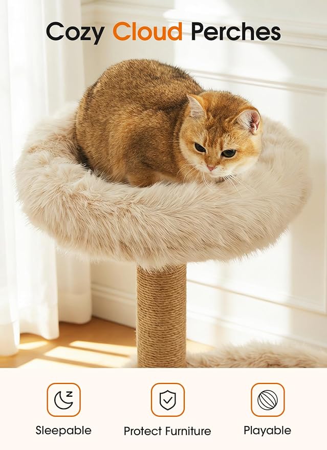 Letkind 38" Modern Cat Tree Tower for Large Indoor Cats, Perches-Natural Solid Wood Cat Tower with Sisal Scratching Post, Perches, Basket & Scratching Post, Aesthetic Boho Cat Furniture
