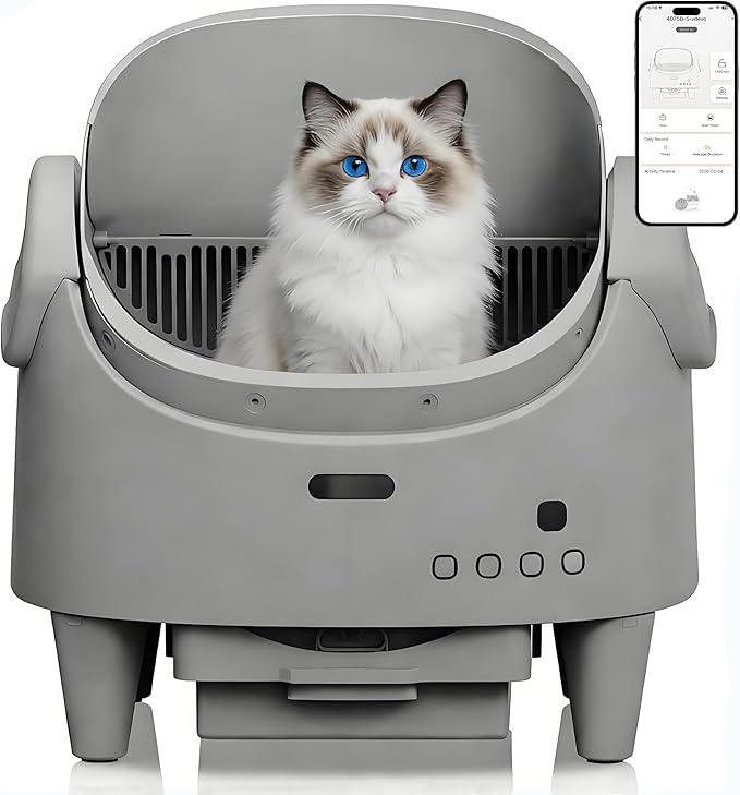 Self Cleaning Litter Box, Open Top Automatic Cat Litter Box with App Control for Multiple Cats, Electric Cat Litters Box Adjustable Entrance Height, Multi-Sensor Safety Protection, 1 Roll Garbage Bags