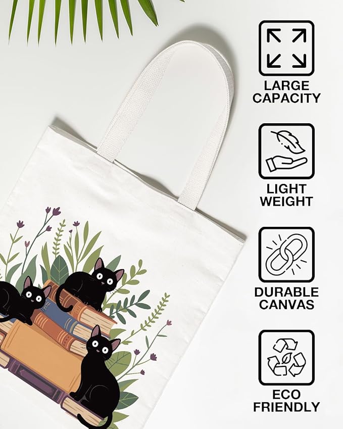 Cute Cat Canvas Tote Bag for Women Funny Cat Bag for Shopping Work Travel Lover Totes Gifts