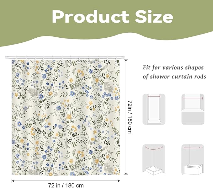 Country Wildflower Cute Shower Curtain,Blue and Yellow Floral Green Leaf Plant Spring Summer Botanical Plant Pattern, Waterproof Polyester Washable Bath Curtains with 12 Hooks,72 x 72 Inches