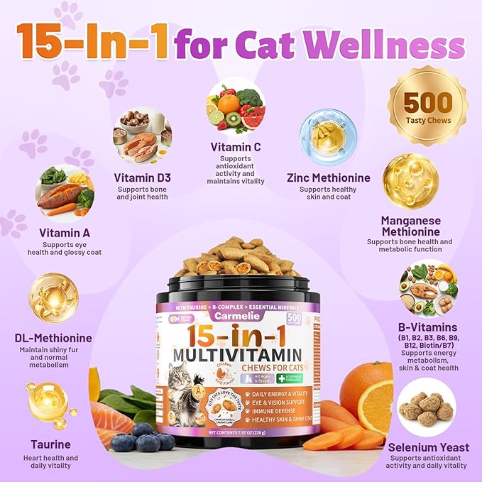 Taurine for Cats Vitamins Treats, 15 in 1 Cat Multivitamin Support Joint, Skin Coat, Digestion, Immunity & Energy, 500 Crunchy & Creamy Chews with Essential Vitamin for Cats All Ages (90-Day Supply)