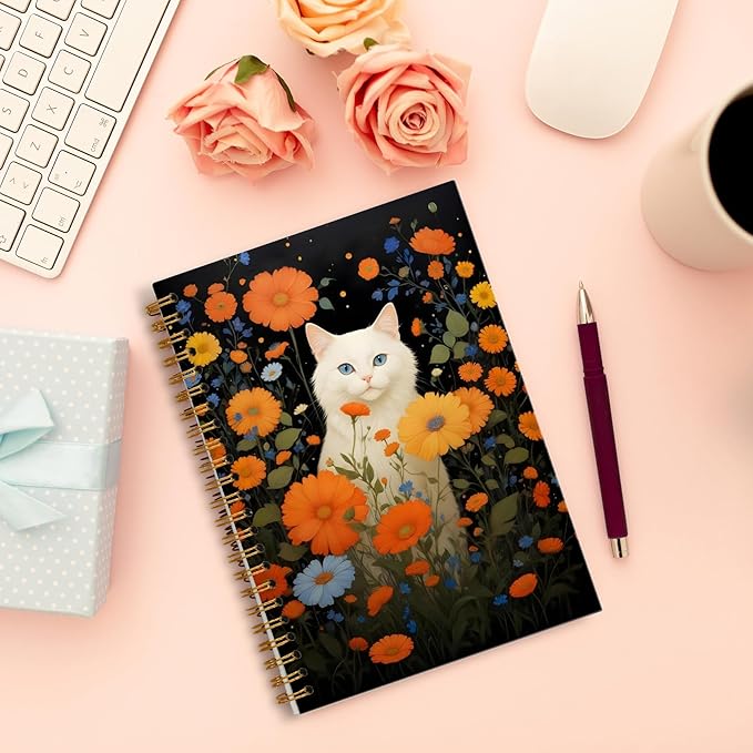 Cat Floral Notebook, Dark Cottagecore Vintage Moody Wildflower White Kitty Journal for Writing, Cat Office Supplies, Spiral Notebook 5.5x8.3 Inch