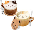 BigNoseDeer 2PCS Cute Mug Kawaii Cat Tea Cup Ceramic Coffee Mug with Lid,Tea Cups and Saucers for Dessert Cute Gifts Cat Lover Gift for Women Anime Christmas Gifts for Women 10oz (Yellow+Brown)