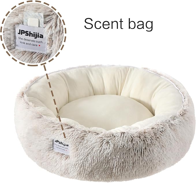 Calming Donut Dog Bed Cat Bed, Fluffy Long Fur Outer & Short Fur Inner, Sweat-Free Cozy Cuddler, Non-Slip Bottom,for Small Medium Dogs Cats Puppy Kitten (Donut Bed - Coffee Color, Medium 19.7 Inches)