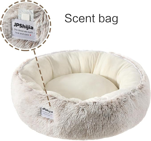 Calming Donut Dog Bed Cat Bed, Fluffy Long Fur Outer & Short Fur Inner, Sweat-Free Cozy Cuddler, Non-Slip Bottom,for Small Medium Dogs Cats Puppy Kitten (Donut Bed - Coffee Color, Medium 19.7 Inches)