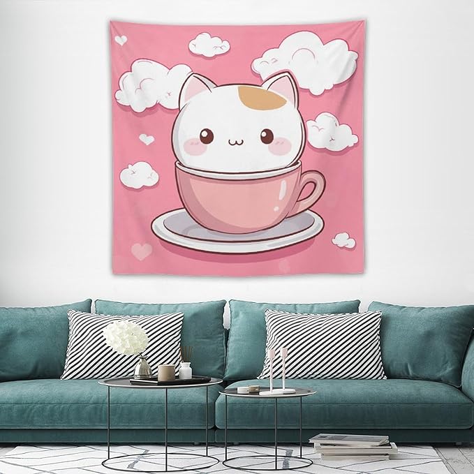 Tapestry Kawaii Cat Wall Art Tapestry for Bedroom Aesthetic Cute Cat Kitten Wall Tapestries Wall Hanging for Bedroom Landscape 60"x60" Wall Hanging for Home Decor Bedroom Living Room Dorm Decor