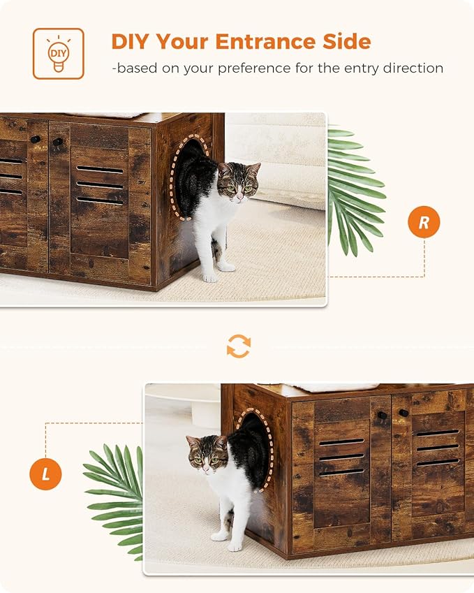 MUTTROS Cat Tree with Litter Box Enclosure, 50" Modern Cat Tree for Large/Fat Cats with Cat Condo, Wooden Cat Furniture with Large Hammock and Top Perch, Rustic Brown