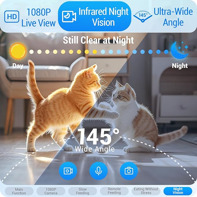 Automatic Cat Feeder with Two 1080P Camera for 2 Cats: 7L Automatic Dog Feeder with Night Vision & Slow Feed, 5G WiFi Auto Cat Food Dispenser for Multiple Pet,Detachable for Clean(ACF180W-C)