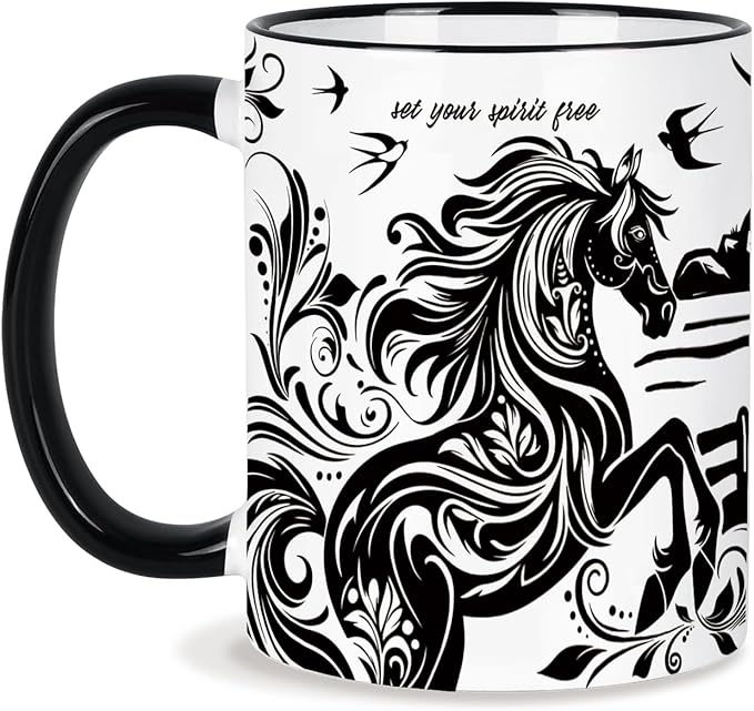 Horse Mug 11 Oz Horse Gifts Mothers Day Birthday Gifts for Women Men, Black and White Boho Mug Equestrian Gift Birthday Gift, Graduation Gift for Women Men, Ceramic Cup Microwave & Dishwasher Safe