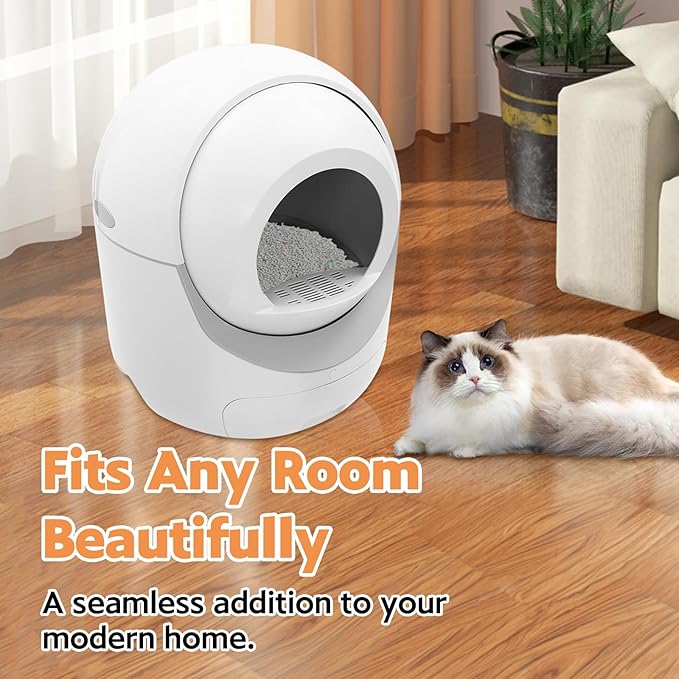 Smart Litter Box, Self-Cleaning for Multiple Cats with APP Control - Large Automatic Hooded Litter Tray, Hands-Free Cleaning for Cats Up to 22lbs, White Round Design